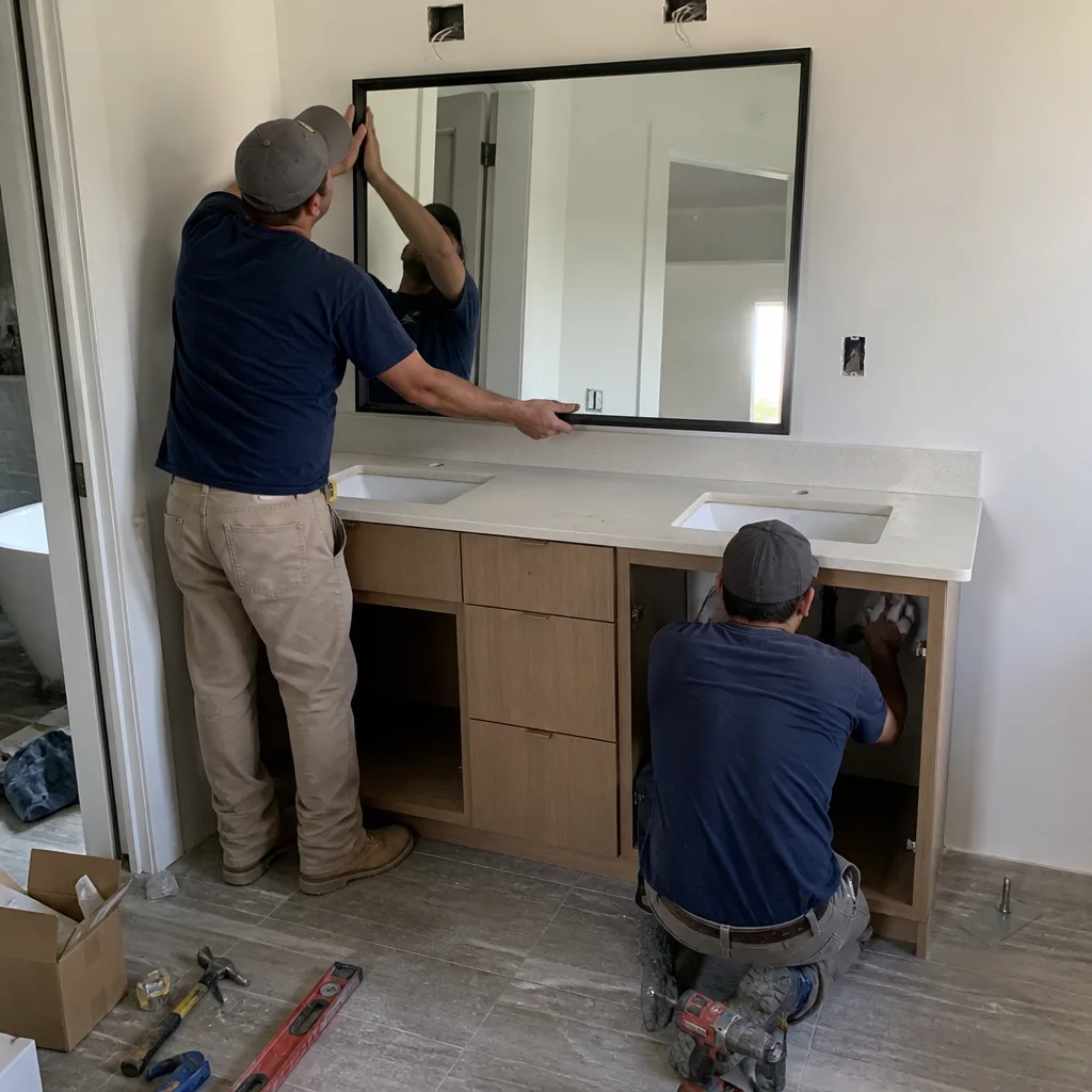 Two construction workers installing a bathroom vanity and mirror